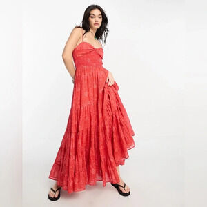 NWT Free People Sundrenched Floral Red/Pink Smocked Maxi Dress - Medium